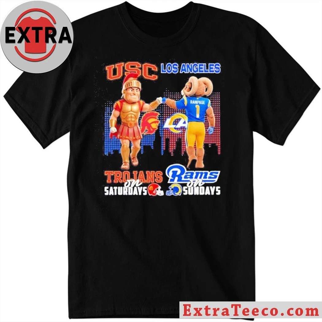 Usc Trojans on Saturdays vs Los Angeles Rams on Sundays Mascots Trojan Warrior and Rampage the Ram T-Shirt