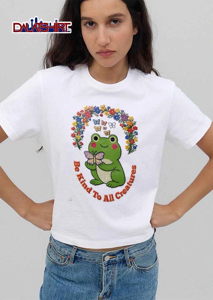 Be Kind To All Creatures green frog holding purple butterfly shirt