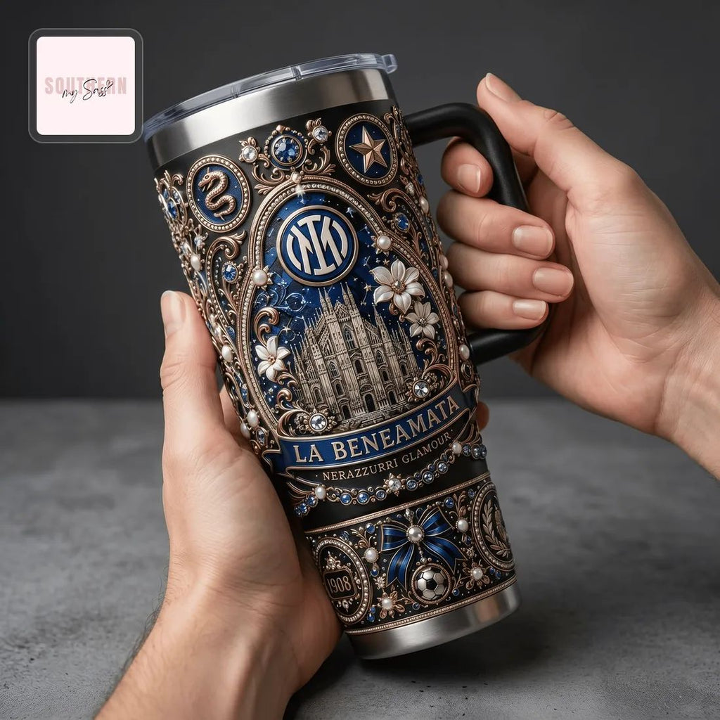 Inter Milan Football Club Luxury Ornate 40oz Insulated Travel Tumbler With Handle