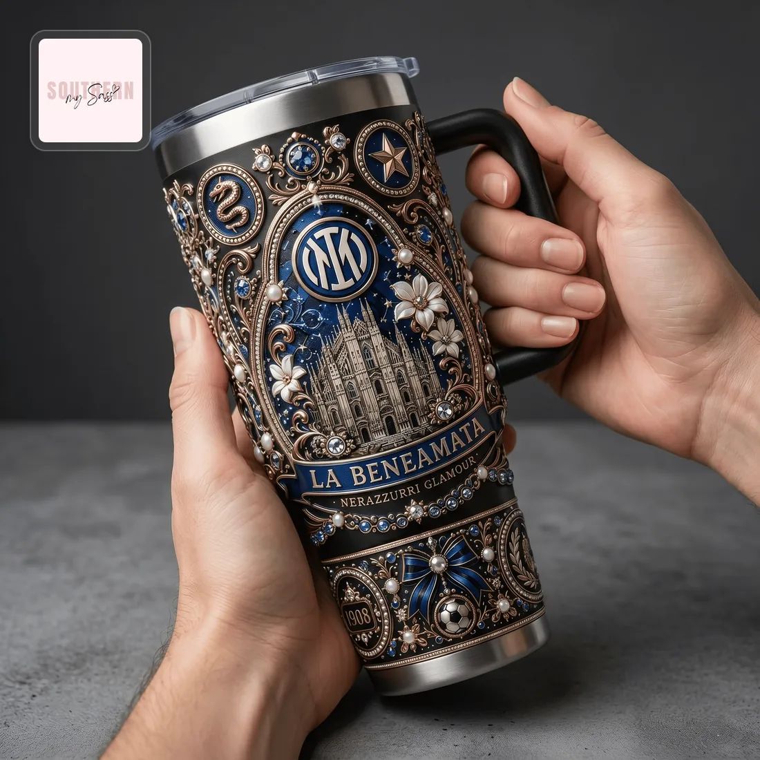 Inter Milan Football Club Luxury Ornate 40oz Insulated Travel Tumbler With Handle