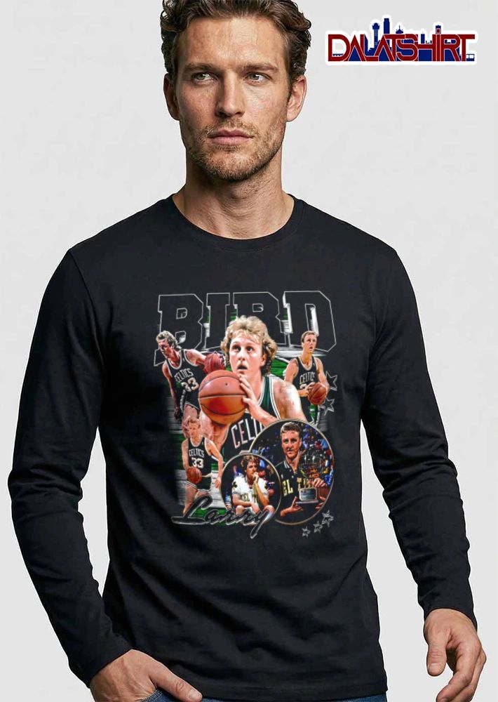 Boston Celtics Larry Bird basketball collage trophy shirt