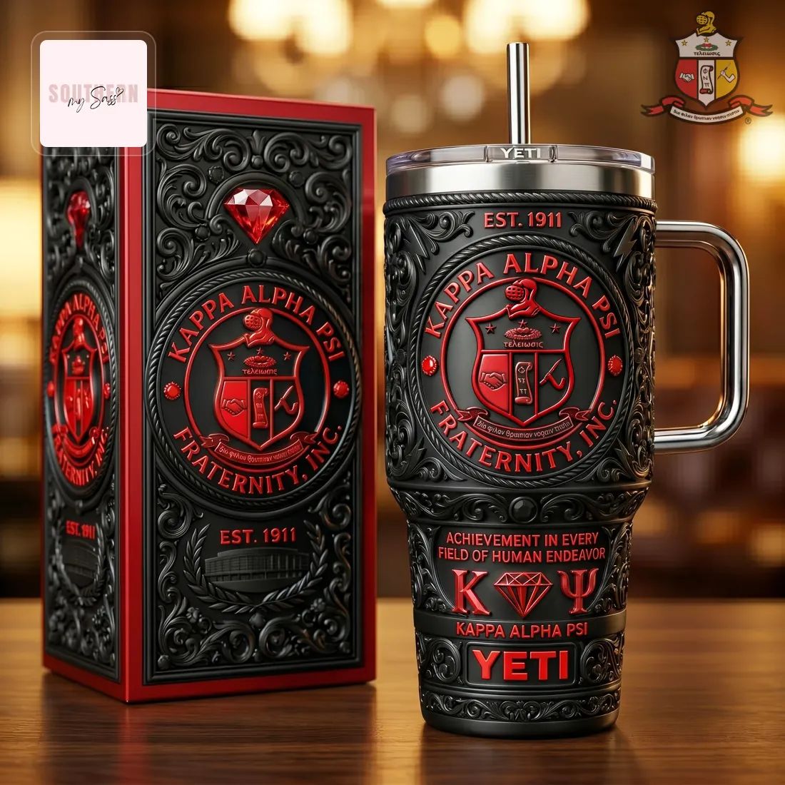 Luxury KΨ Greek Crest Red and Black Double Wall Insulated Gift Set Handle Tumbler