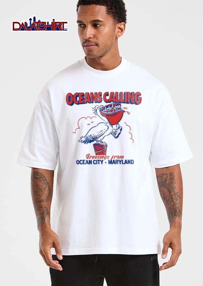 Oceans Calling Greetings From Ocean City Maryland pelican holding beer bottles pouch shirt