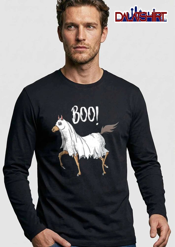 BOO horse wearing ghost sheet costume shirt