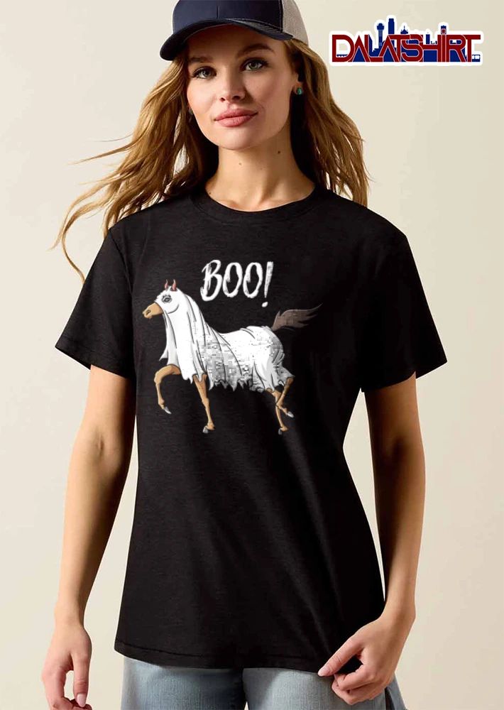 BOO horse wearing ghost sheet costume shirt