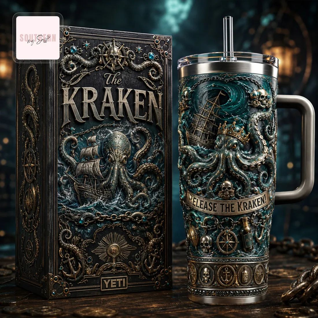 Premium Kraken Octopus 3D Embossed 40oz Insulated Tumbler With Handle