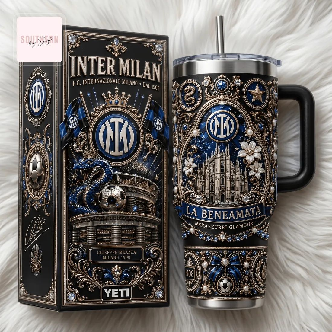 Inter Milan Football Club Luxury Ornate 40oz Insulated Travel Tumbler With Handle