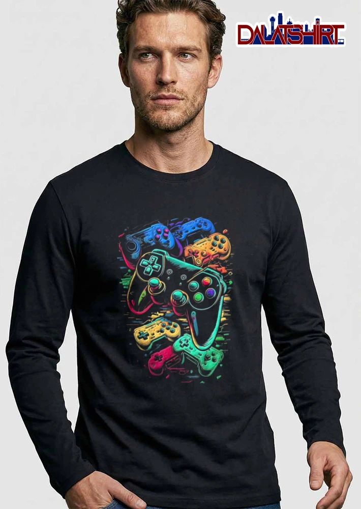 Multiple colorful video game controllers shirt