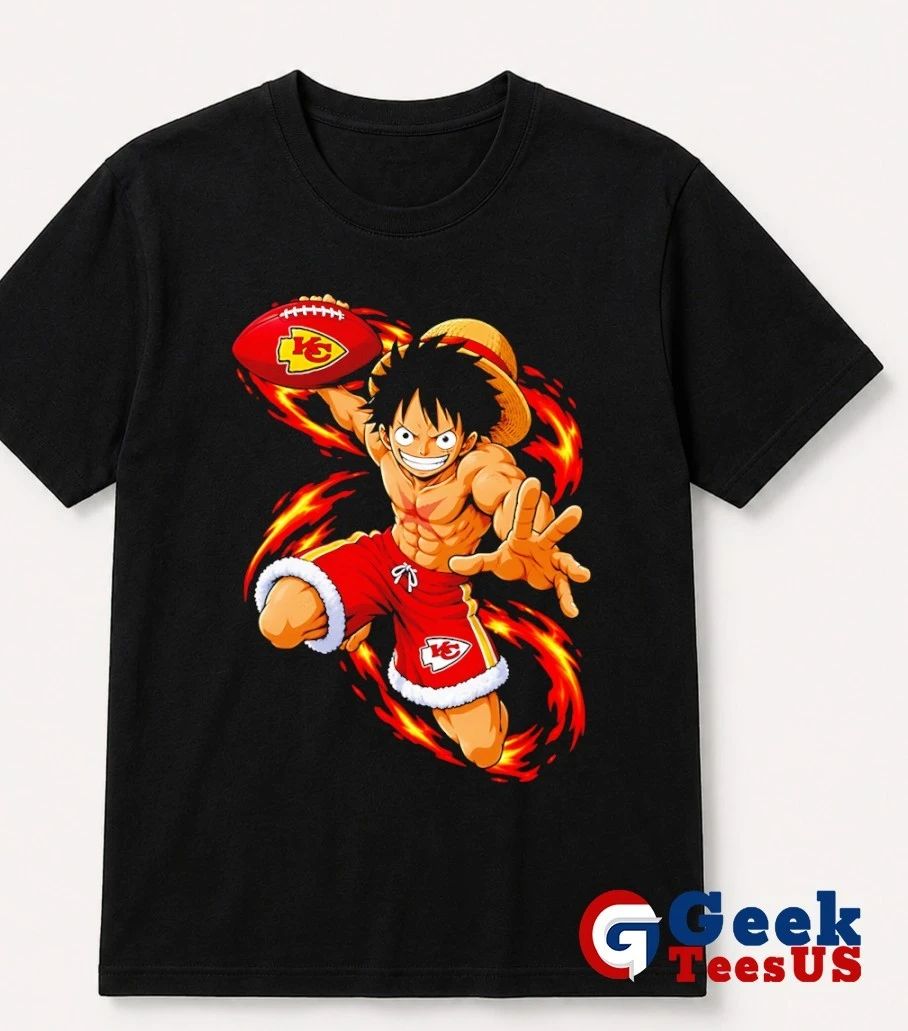 Monkey D. Luffy throwing Kansas City Chiefs Football Anime cartoon T-shirt