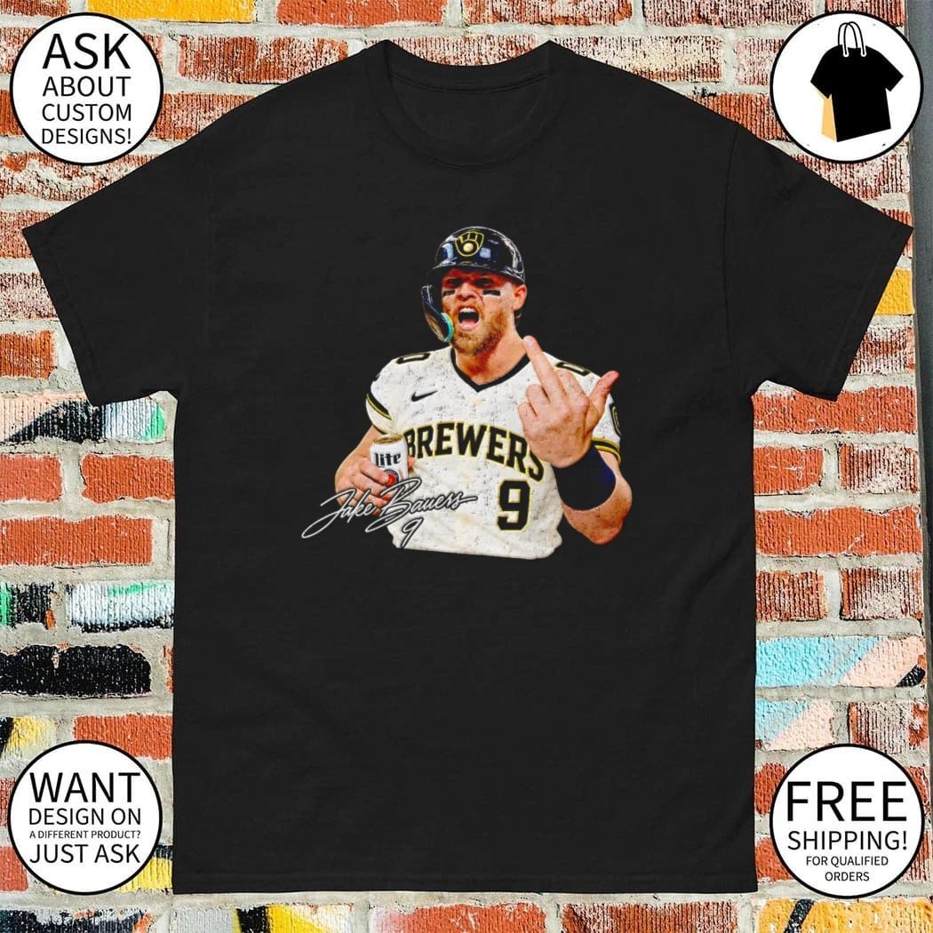 Jake Bauers Milwaukee Brewers Baseball Number 9 Graphic signature shirt