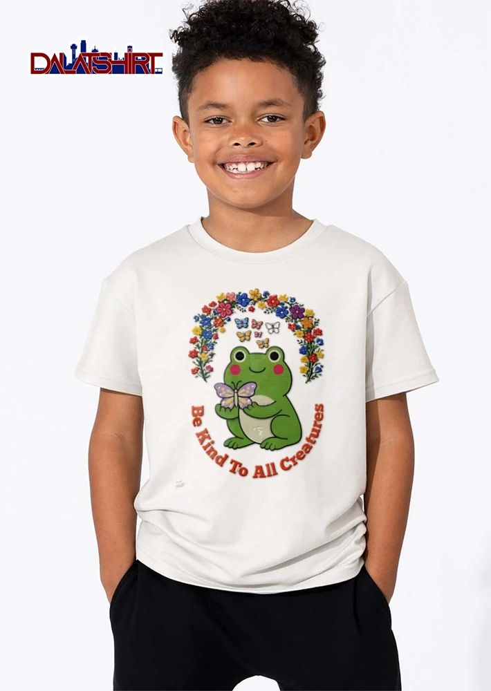 Be Kind To All Creatures green frog holding purple butterfly shirt