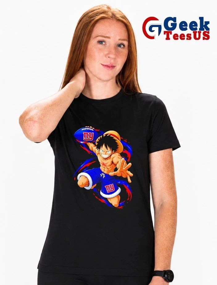 Monkey D. Luffy throwing New York Giants Football Anime cartoon T-shirt