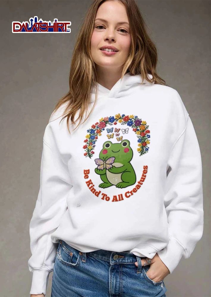 Be Kind To All Creatures green frog holding purple butterfly shirt