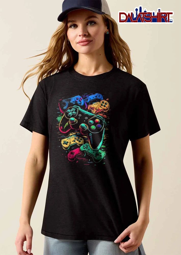 Multiple colorful video game controllers shirt