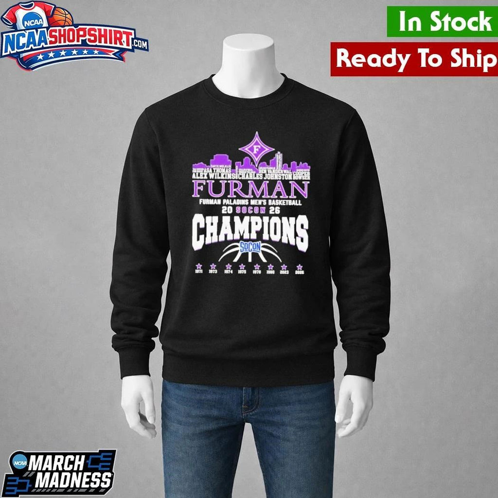 Furman Paladins Champions 2026 SoCon Men’s Basketball 8X City Skyline Shirt