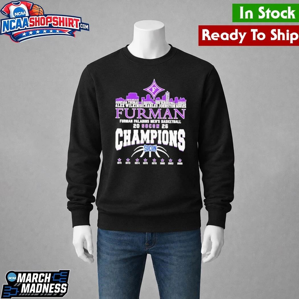 Furman Paladins Champions 2026 SoCon Men’s Basketball 8X City Skyline Shirt