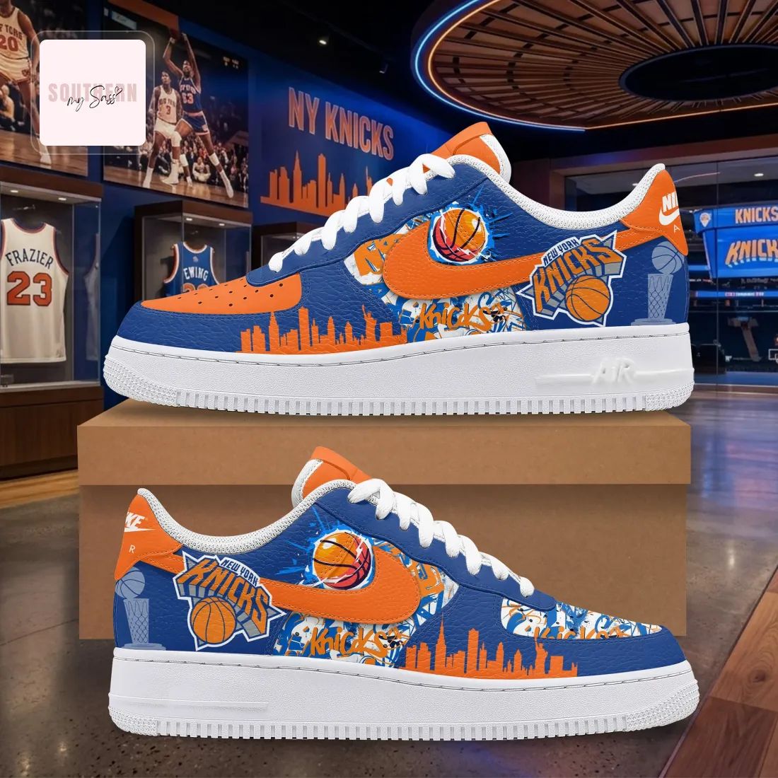 New York Knicks Custom Blue and Orange Basketball Fan Air Force 1 Sneakers