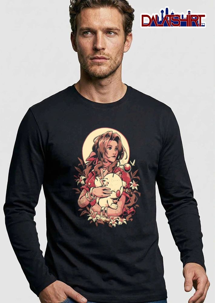 Final Fantasy woman holding moogle surrounded flowers shirt