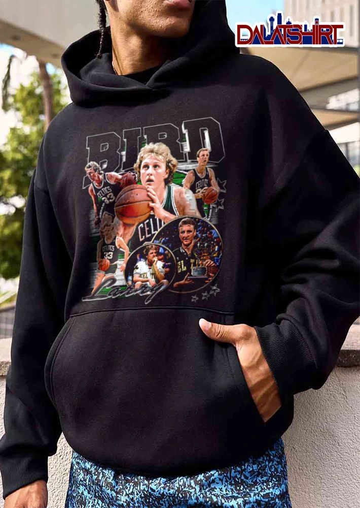 Boston Celtics Larry Bird basketball collage trophy shirt