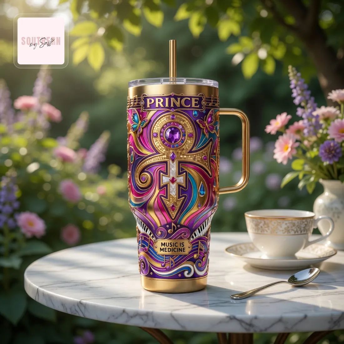 Prince Purple Rain Love Symbol Tribute Luxury Gold Ornate Stainless Steel 40oz Tumbler with Handle