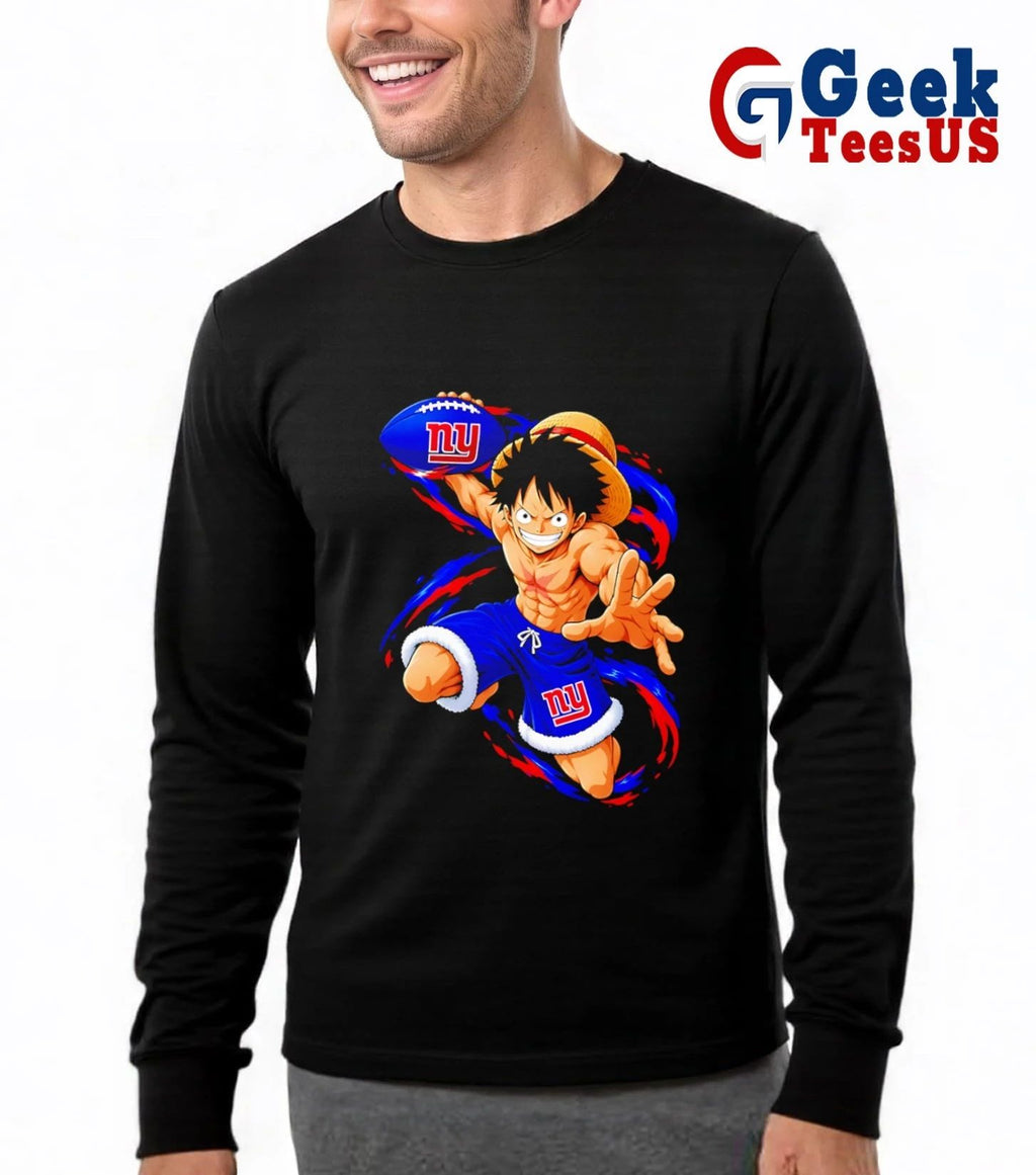Monkey D. Luffy throwing New York Giants Football Anime cartoon T-shirt