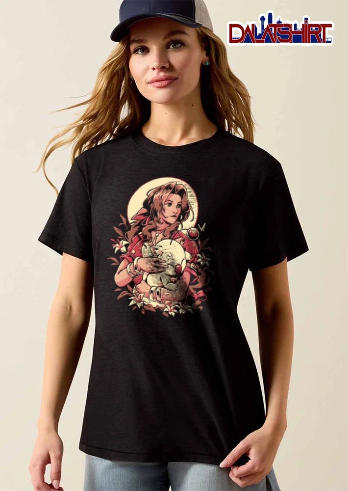 Final Fantasy woman holding moogle surrounded flowers shirt