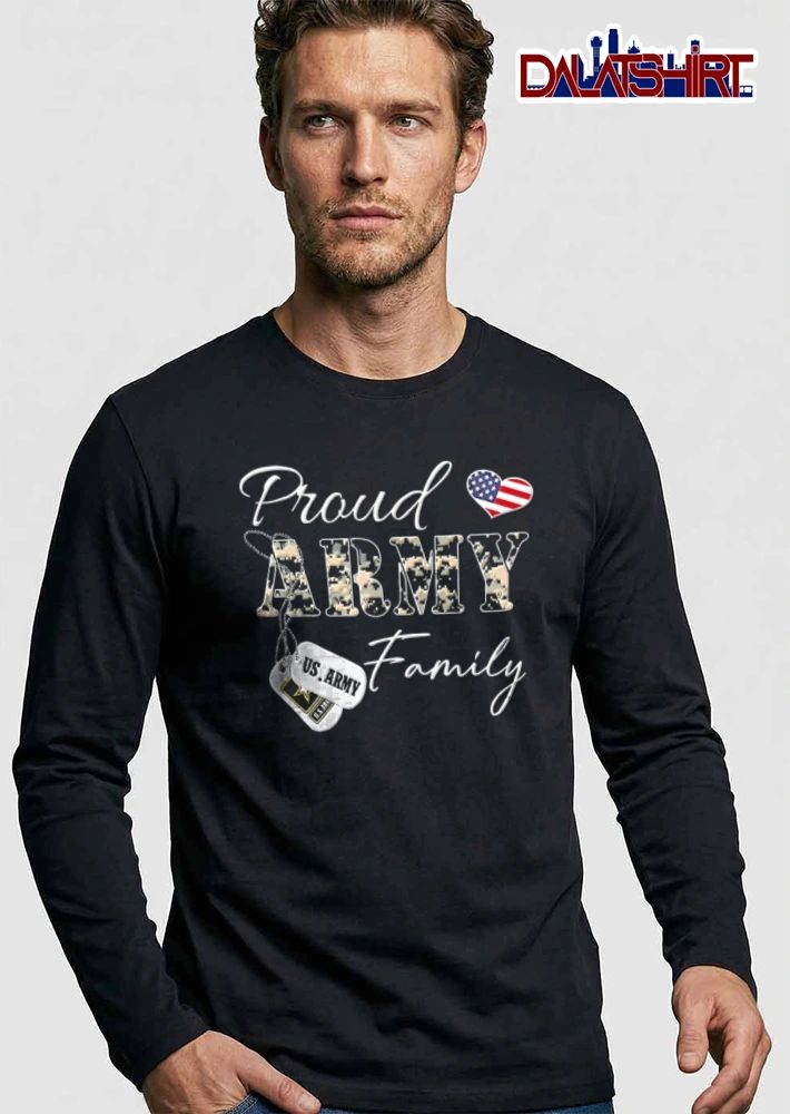 US Army Proud Family camouflage text American flag heart dog tags shirt