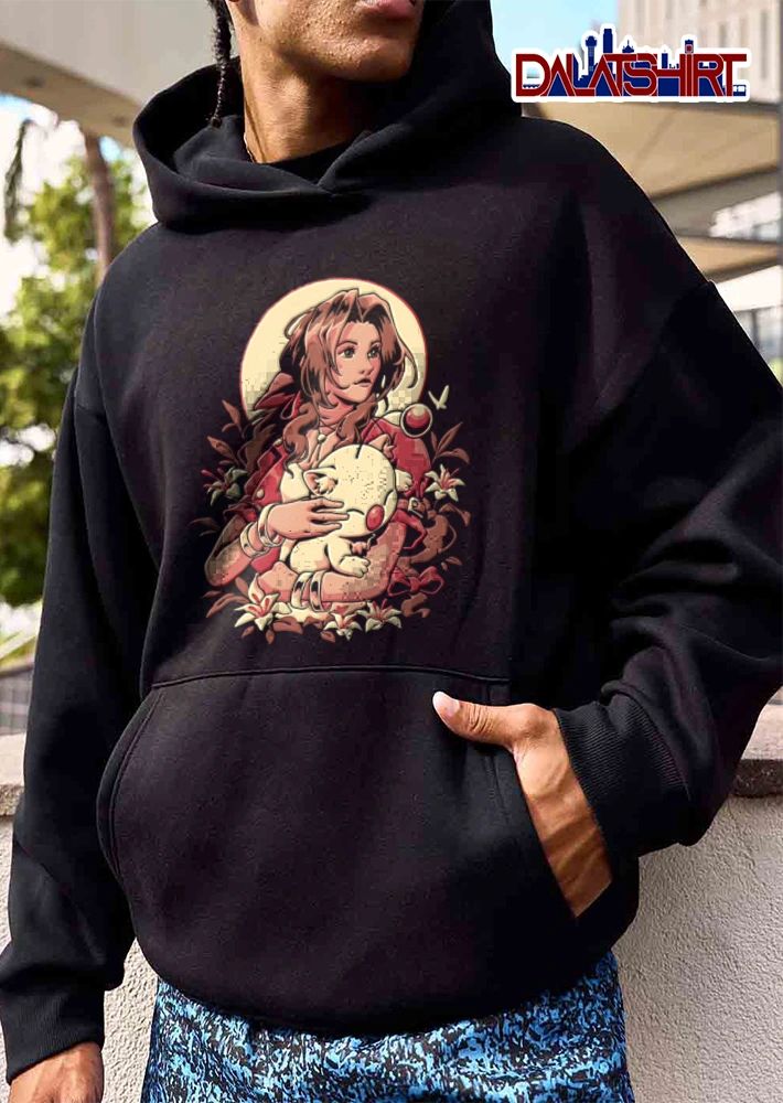 Final Fantasy woman holding moogle surrounded flowers shirt