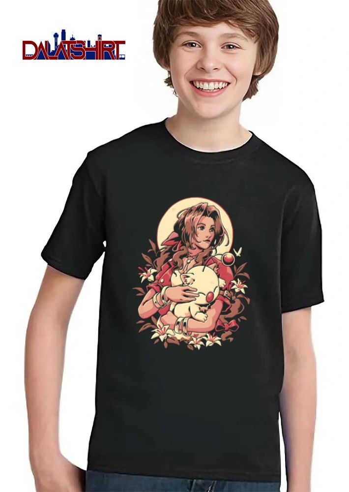 Final Fantasy woman holding moogle surrounded flowers shirt